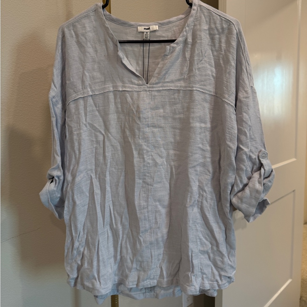 Mavi Light Grey Linen-Blend Split-Neck Roll-Sleeve Tunic